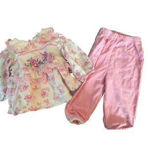 Vintage Vitamins‎ baby girl 6-9 months pink rose embroidered floral outfit 2pc